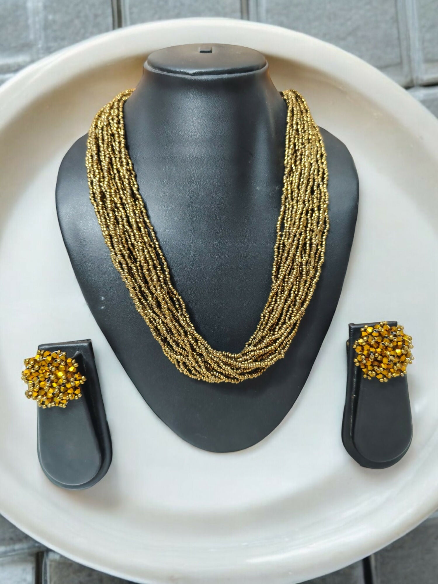 Inhanns Vibrant Handmade 20 Layers Beaded Necklace With Matching Earrings - Golden
