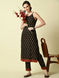 Myshka Women's Black Straight Printed Kurta