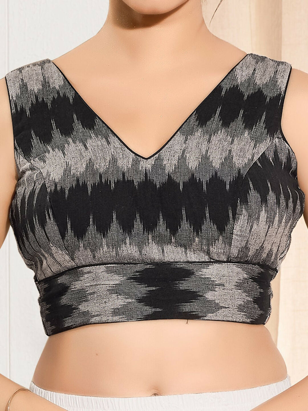 Joban Fashion Black Ikat Silk Padded Blouse With V Neck Sleeveless - Distacart