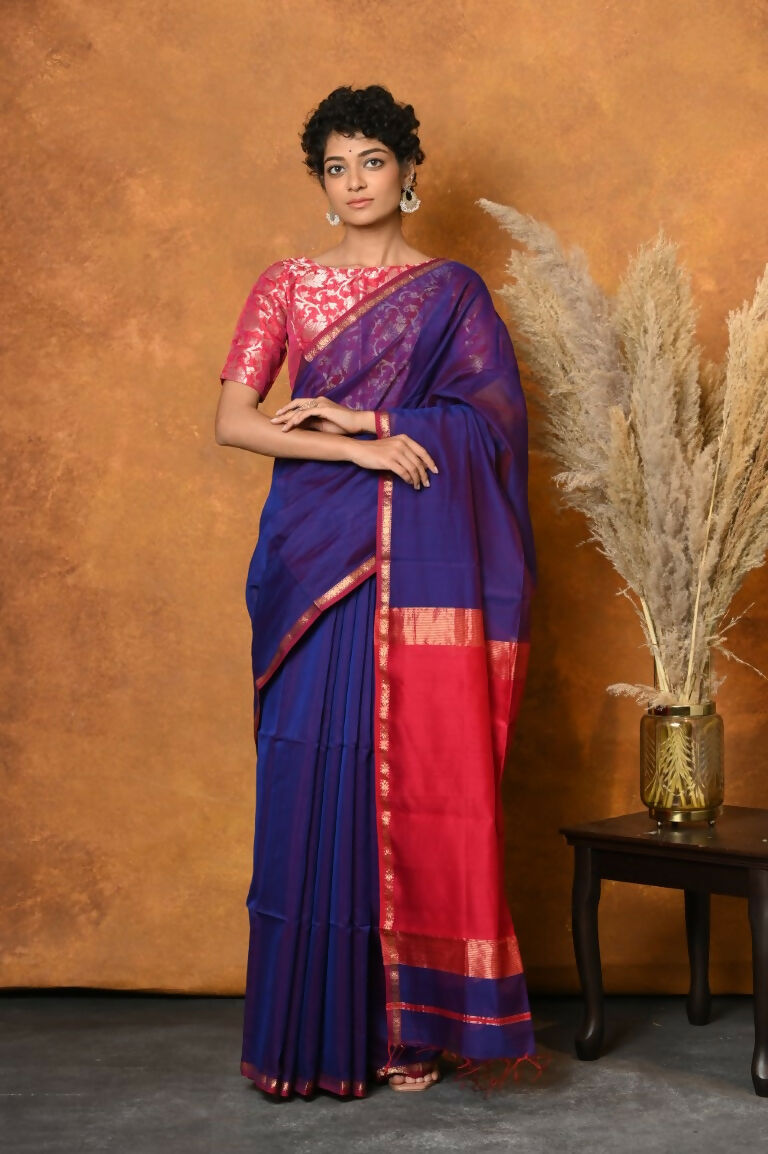 Very Much Indian Handloom Pure Cotton Silk Saree With Sleek Golden Border - Indigo Blue