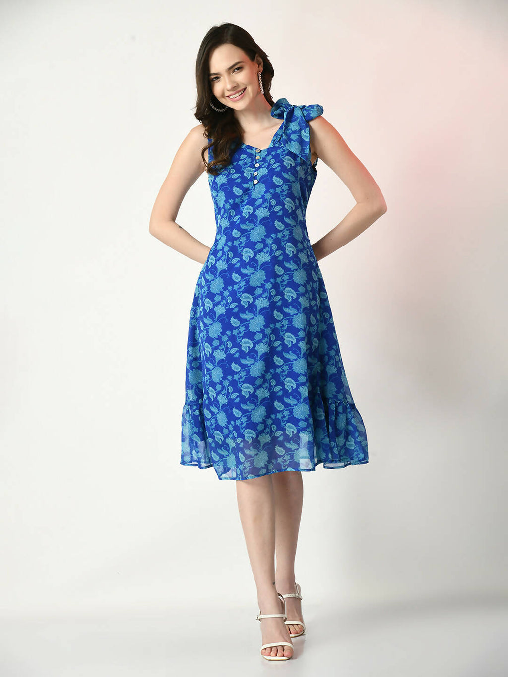 Myshka Women's Blue Fit and Flare Printed Dress - Distacart