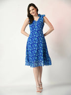 Myshka Women's Blue Fit and Flare Printed Dress - Distacart