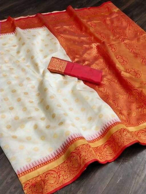 DEIANA'S Beautiful Designer Golden zari Soft Lichi Silk Saree - White