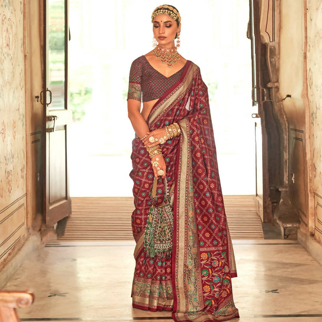 Maroon Silk With Banarasi Print Work Saree - Trirath Yamuna