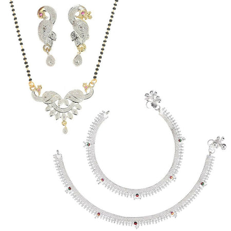 AanyaCentric Gold-Polished Mangalsutra Pendant Earring Set & Silver Plated Anklet