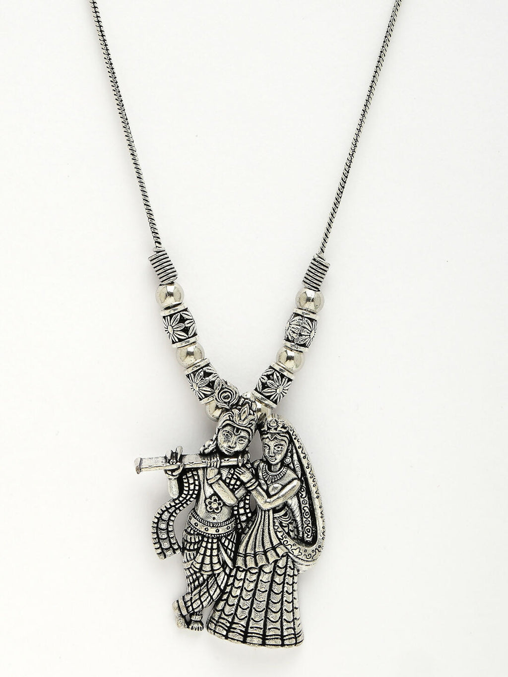 NVR Women's Silver-Toned Radha Krishna Pendant with Chain
