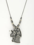 NVR Women's Silver-Toned Radha Krishna Pendant with Chain