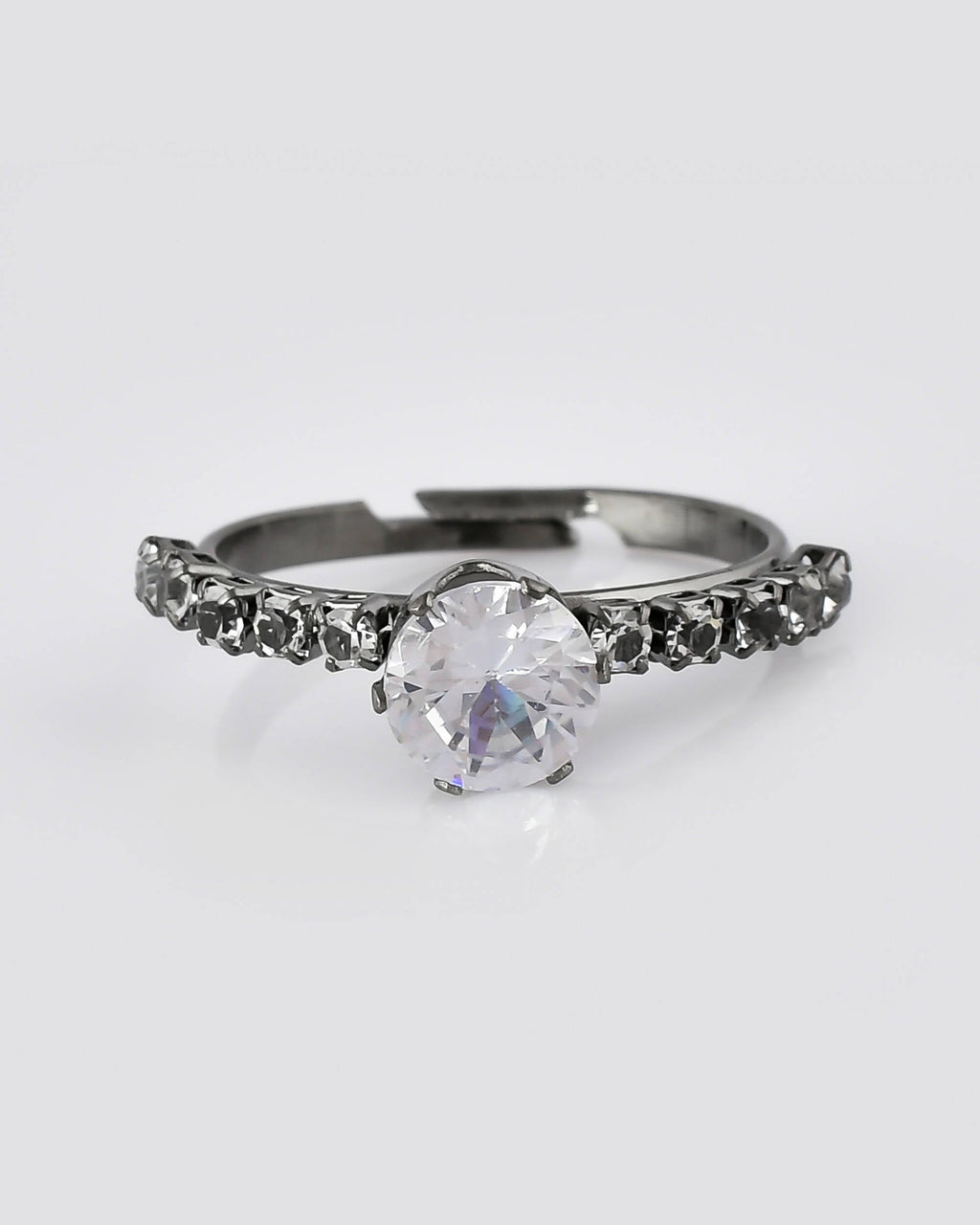 VOJ white CZ-detail Stainless Steel Cubic Zirconia Rhodium Plated Adjustable Finger Ring