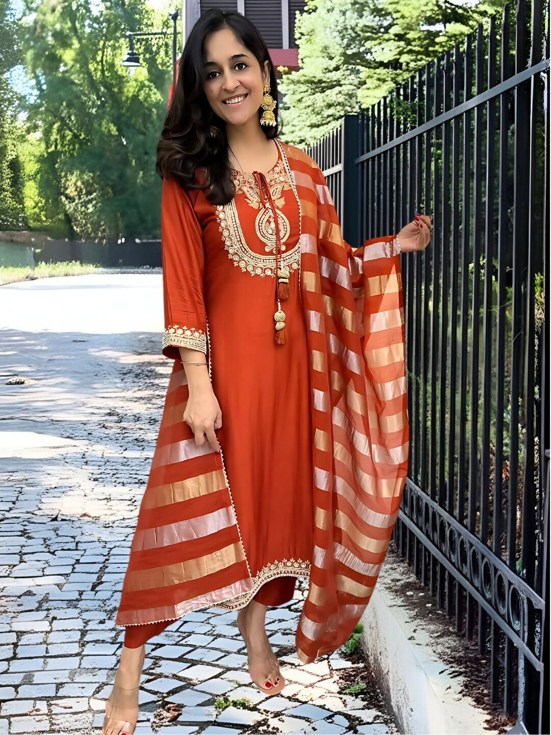 The52 Orange Women's Gorgeous Embroidered work Chanderi Fabric Straight Kurta, Pant and Dupatta Set - Distacart