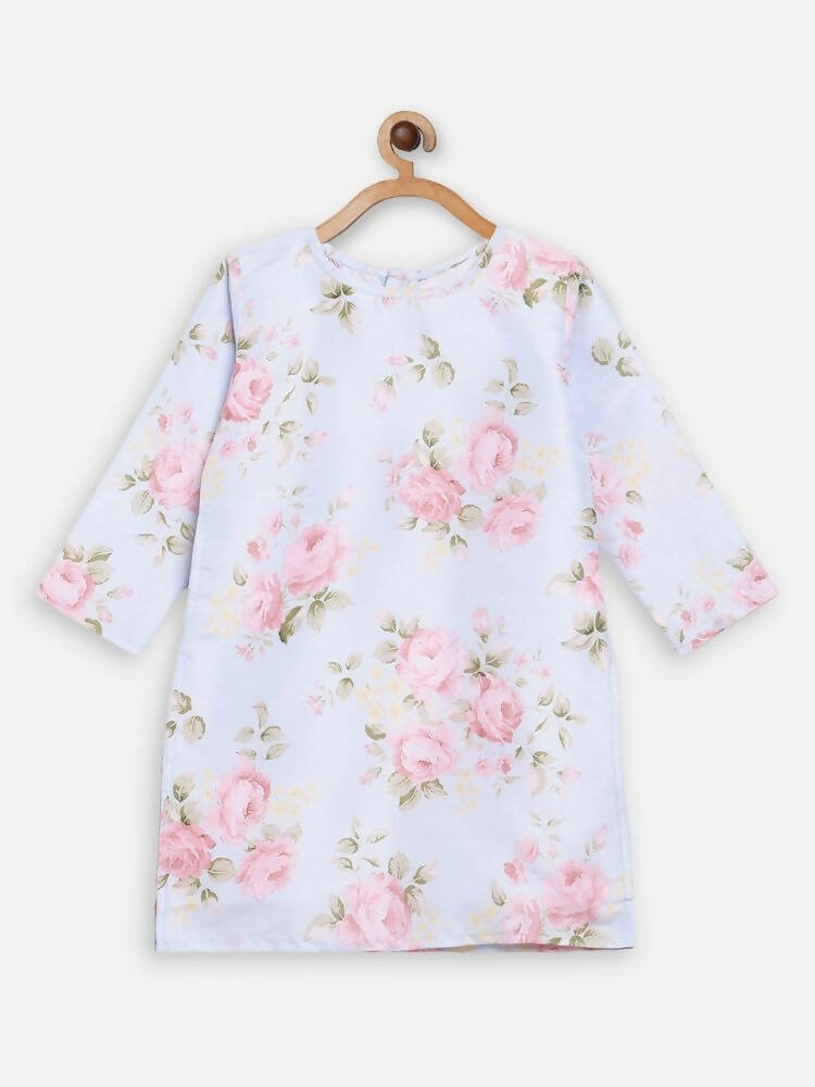 Ahalyaa Pink Polysilk Floral Printed Kids Kurta Dhoti Set For Girls