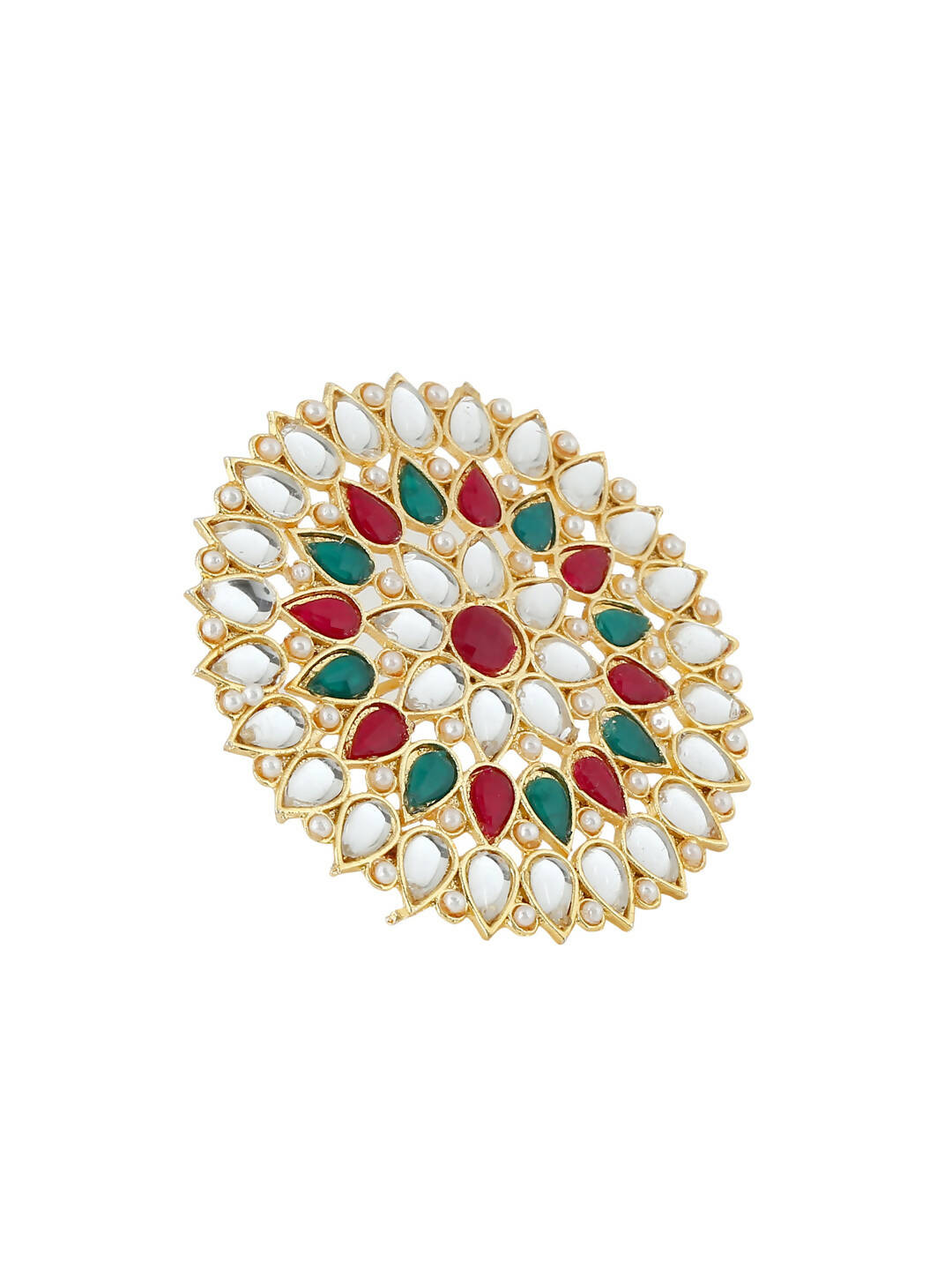 NVR Women's Traditional Ethnic Kundan Meenakari Gold-Polished Ajustable Finger Ring