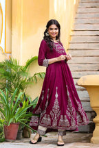 Yufta Women's Burgundy Anarkali Kurta Dupatta Set