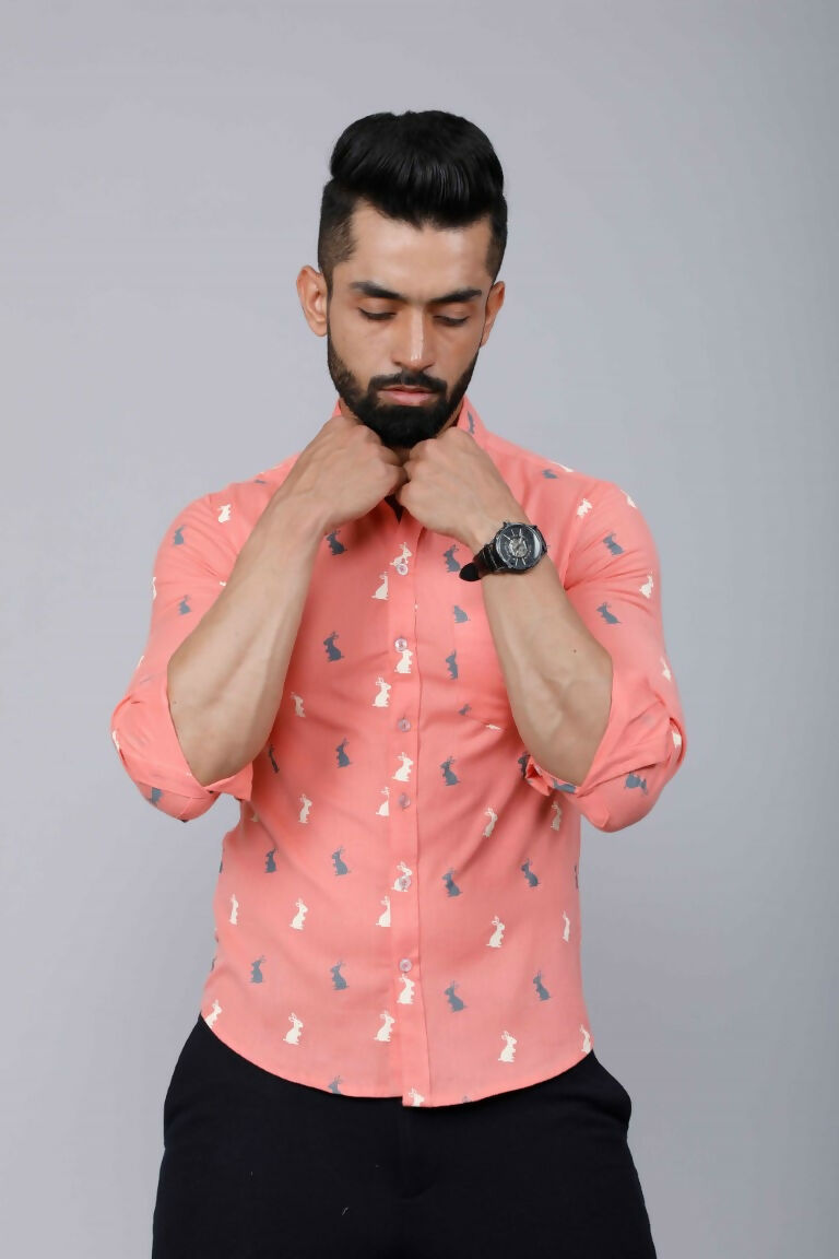 Miravan Men's Peach Spread Collar Animal Print Partywear Shirt