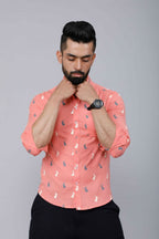 Miravan Men's Peach Spread Collar Animal Print Partywear Shirt