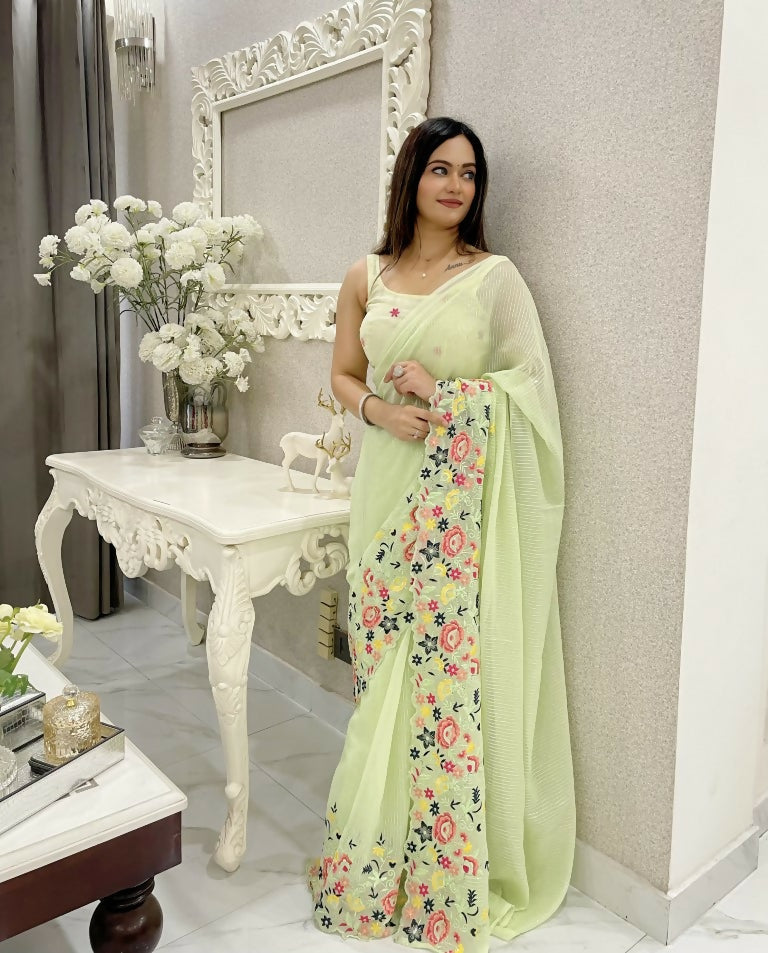 Green Shimmer Silk Multi Thread Sequence Embroidery Work Saree - Kashta
