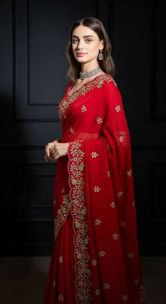 Joban Fashion Red Fandy Satin Silk Party Wear Sarees - Distacart