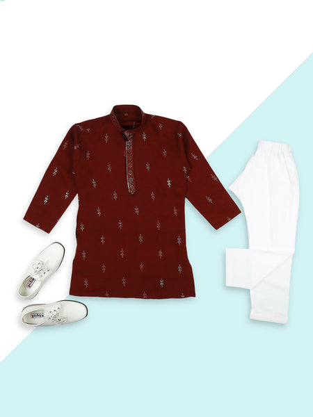 Joban Fashion Kids Island Traditional Ethnic Wear with Silk Sequence Embroidery Full Sleeves Kurta and Pyjama Set - Maroon