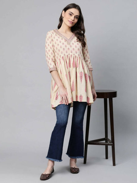 Ahalyaa Women Beautiful Beige Pure Cotton Printed Tunic