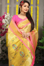 Jyoti Fashion Women's Cream Banarasi Silk Zari Woven Saree with Blouse