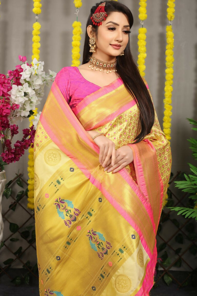 Jyoti Fashion Women's Cream Banarasi Silk Zari Woven Saree with Blouse