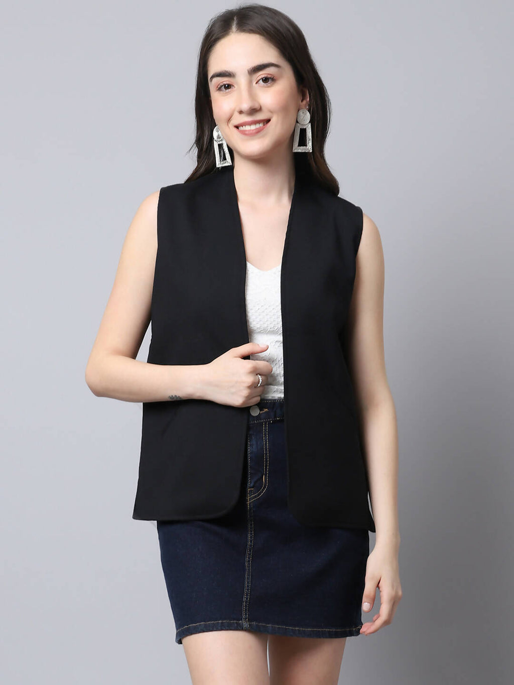 Even Apparels Black Linen Cotton Open Front Women's Waistcoat