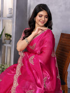 Vastranavya Pink Embroidery Work Shimmer Chiffon Saree with Unstitched Blouse - Distacart