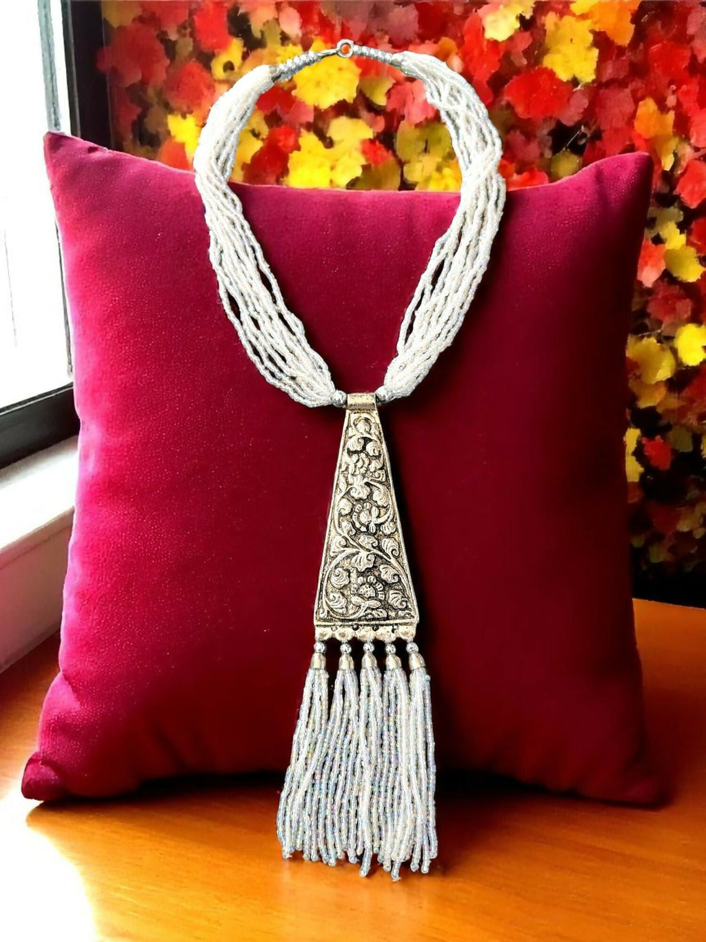 Inhanns Day-To-Dinner Tie Shaped Oxidized Black Metal Multi-Layered Long Only Necklace - White