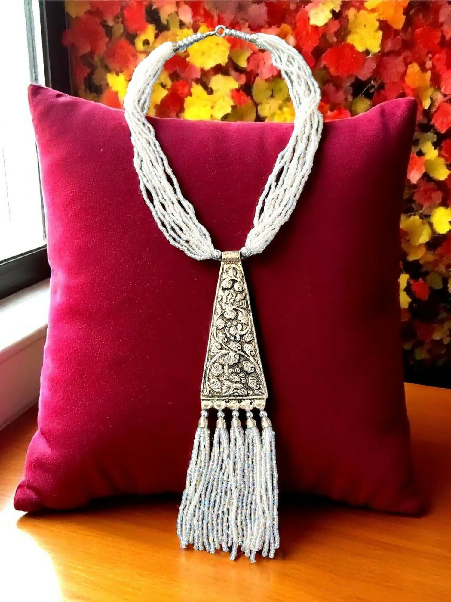 Inhanns Day-To-Dinner Tie Shaped Oxidized Black Metal Multi-Layered Long Only Necklace - White