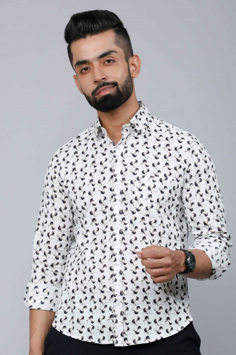 Miravan Men's White Spread Collar Bird Print Casual Shirt