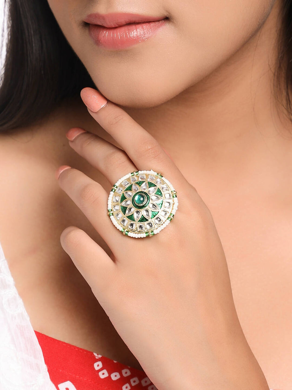 NVR Women's Traditional Kundan Meenakari Gold-Polished Ajustable Finger Ring