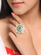 NVR Women's Traditional Kundan Meenakari Gold-Polished Ajustable Finger Ring