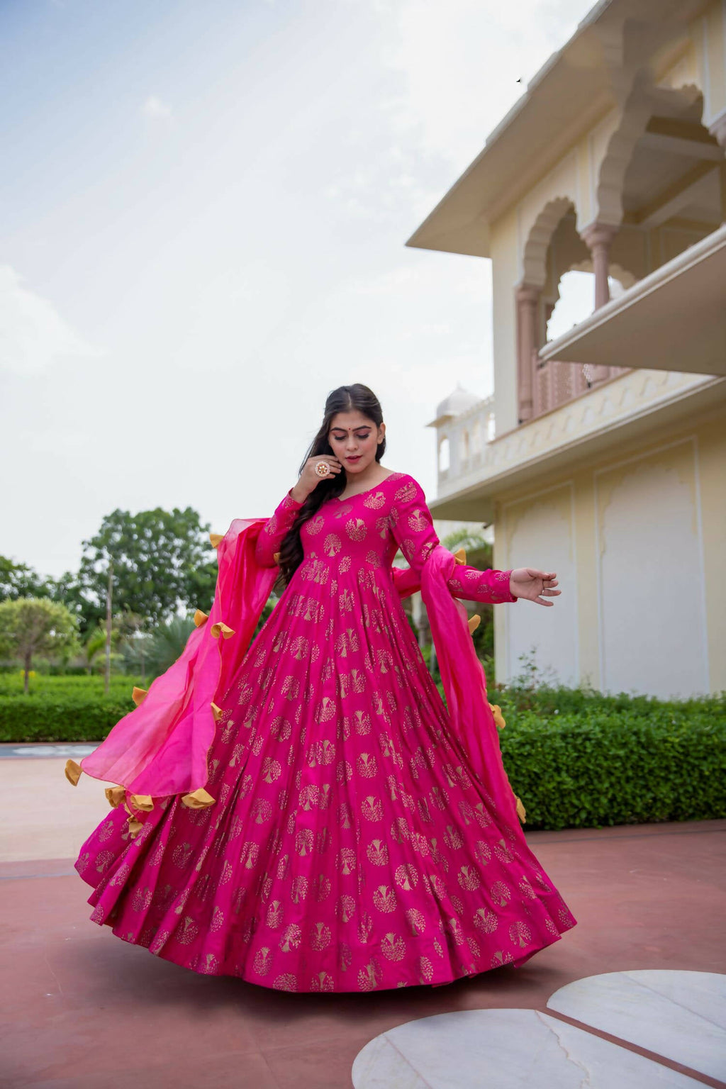 Pink Pure Reyon Gold Foil Work Stitched Suit With Dupatta - Anbazaar - Distacart