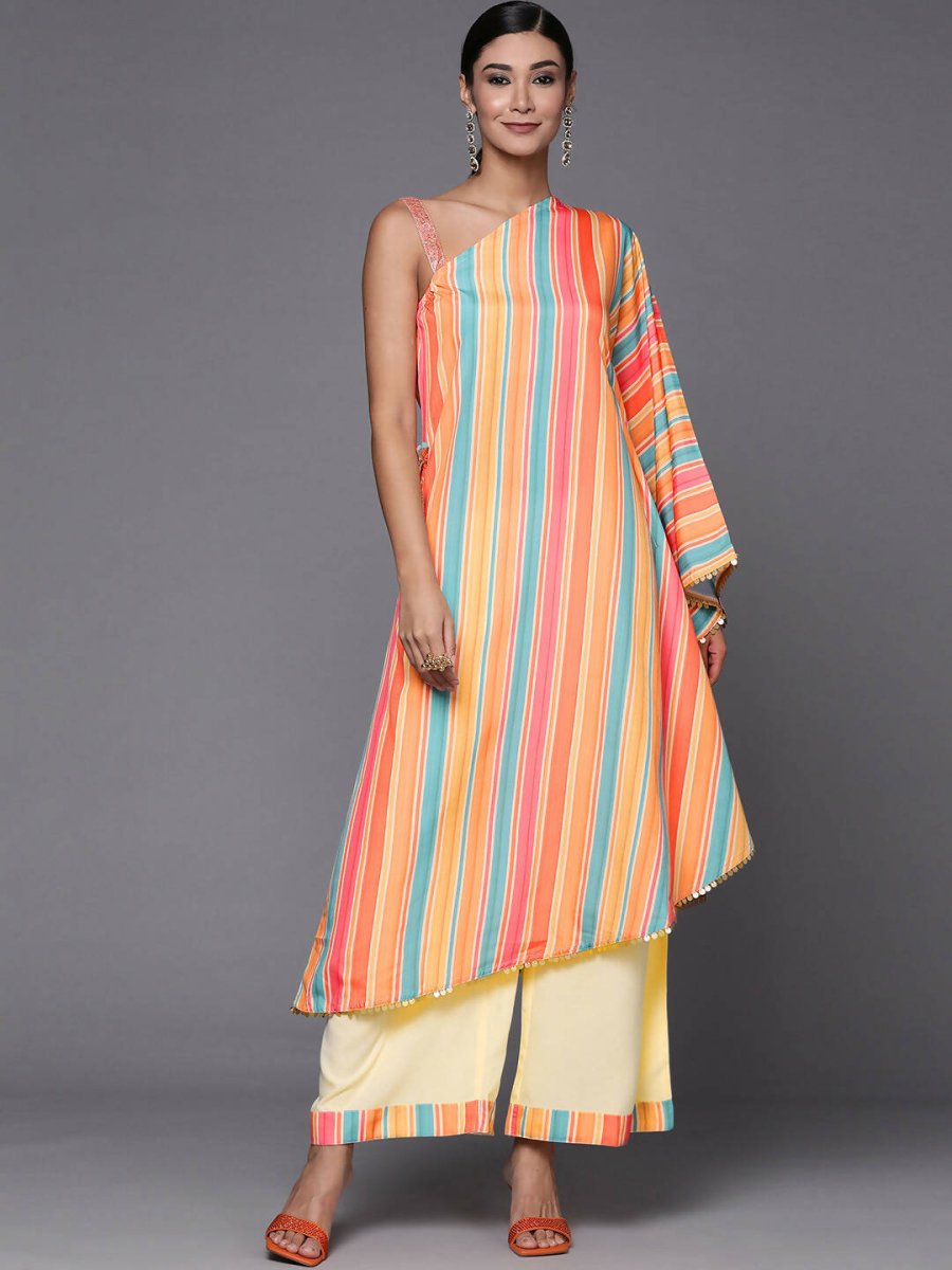 Ahalyaa Peach-Coloured & Blue Printed Striped Asymmetric Taselled Kaftan Kurta Palazzos - Distacart
