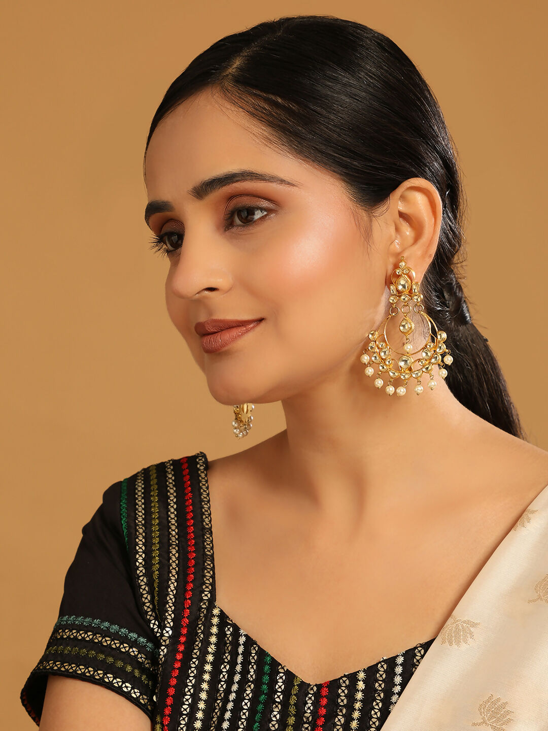 Nuyug 22K Gold Plated Kundan Studded Contemporary Shaped Pearl Drop Chandbalis - Distacart