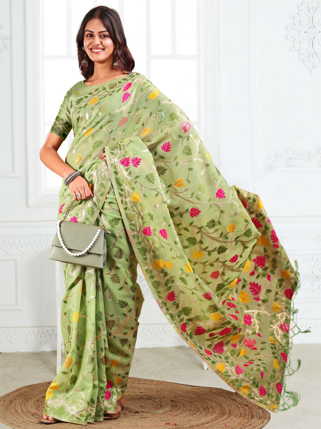 Shree Shyam Fashion Linen Cotton Light Green Saree - Distacart