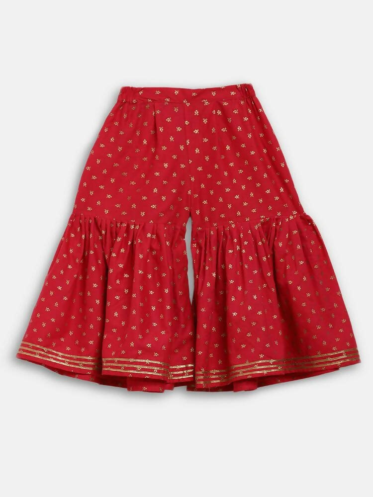 Ahalyaa Red Crepe Gold Printed Kids Kurta Sharara Set For Girls
