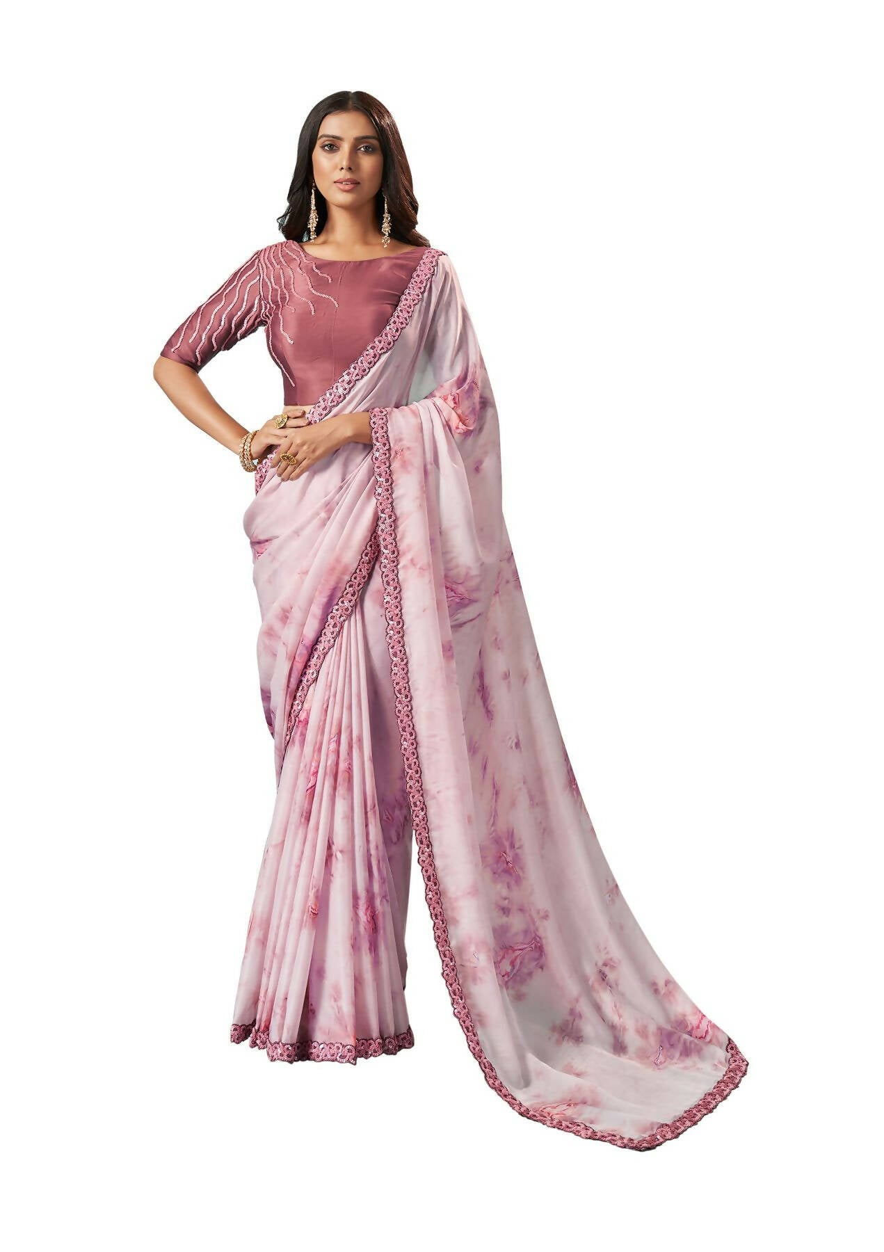 Mauve Crepe Silk Printed Saree With Unstitched Blouse Piece - Norita Ikshita