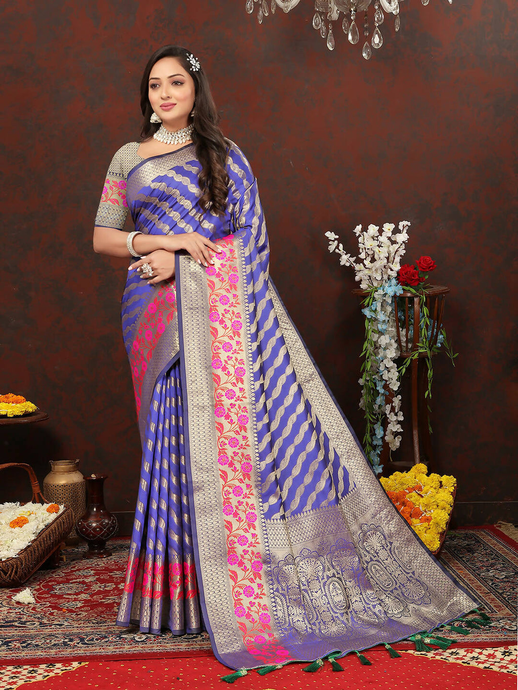 Lorenvalley Fashion Purple Soft Silk Woven Design with Zari Weaving Leheriya Design Saree