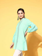 Ahalyaa Women Mint Green Pure Cotton Silver Print Tunic - Distacart