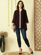 Myshka Women's Coffee Brown Embroidered Party Fusion Top