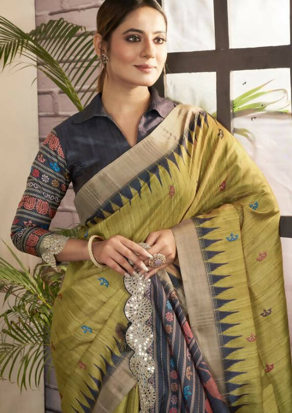 Olive Green Bhagalpuri Silk Paisley Print with Hand Mirror work Border Saree - Norita Nirvi