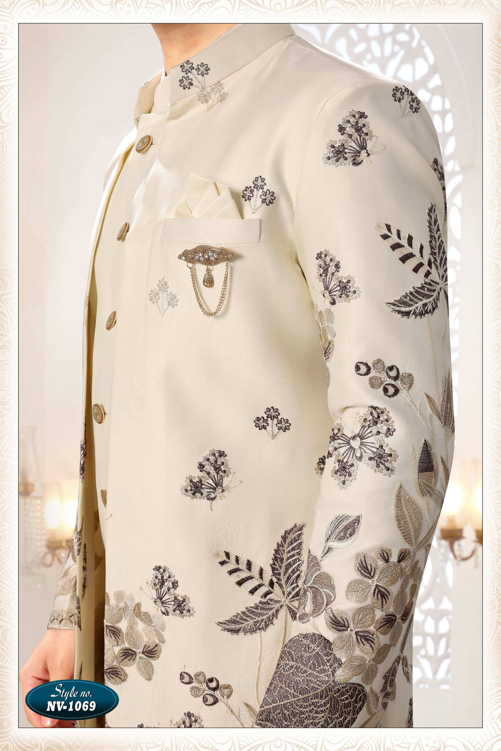 Joban Fashion Men's Cream Straight Malai Silk Thread And Sequence Embroidery All Over 3 Pc Kurta Set