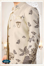 Joban Fashion Men's Cream Straight Malai Silk Thread And Sequence Embroidery All Over 3 Pc Kurta Set