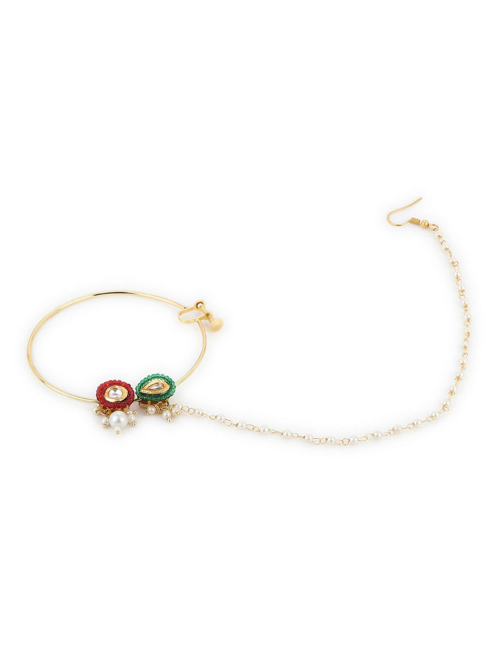 Gold-Plated White Red Stone-Studded Pearl Beaded Nosepin - Ruby Raang - Distacart