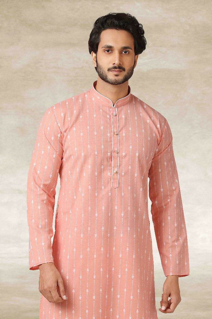 Raivat Ethnic Cotton Printed Work Kurta Pajama In Pink Colour
