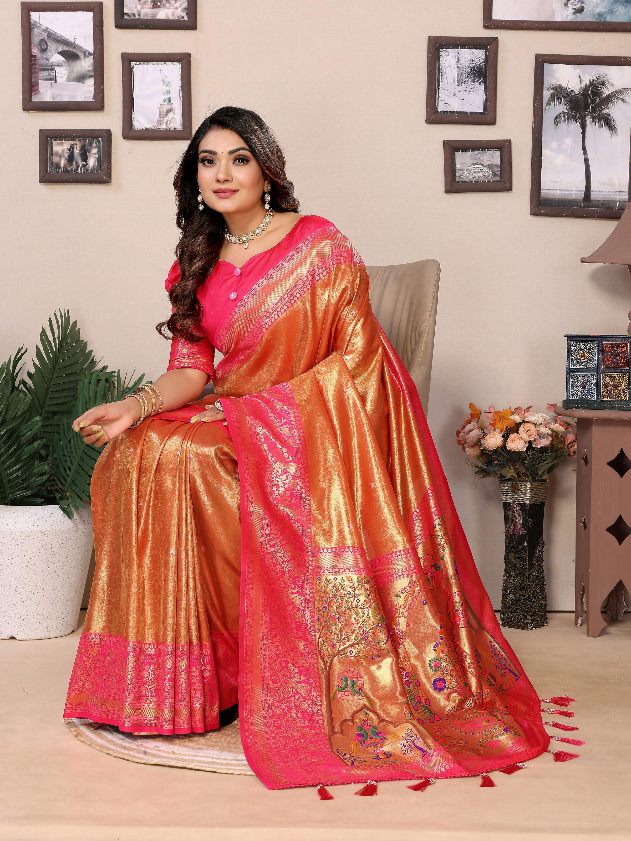 Aastha Fashion Orange Tissue Silk Weaving Saree - Distacart