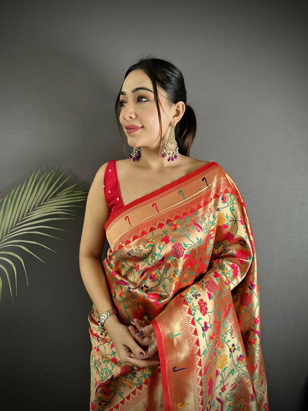 Joban Fashion Red Floral & Bird Motifs Soft Silk Paithani Saree - Distacart