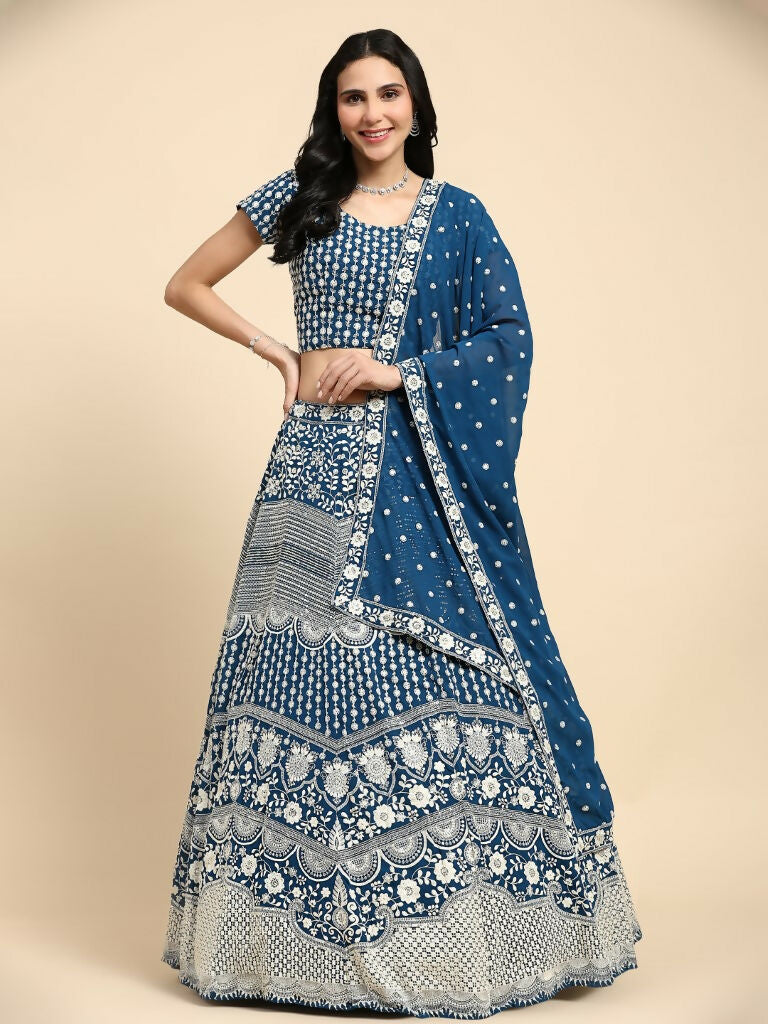 Teal Georgette Thread Embroidered Lehenga Choli with Dupatta - Tanya
