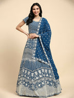 Teal Georgette Thread Embroidered Lehenga Choli with Dupatta - Tanya