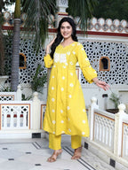Miravan Women's Cotton Embroidered & Lace Embellished Yellow Bandhani Printed Kurta Palazzo Set